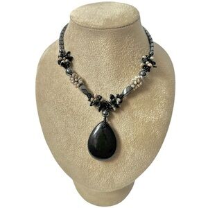 Vintage 80's Hematite Shell Black Beaded Necklace Teardrop Pendant - 20 Inches